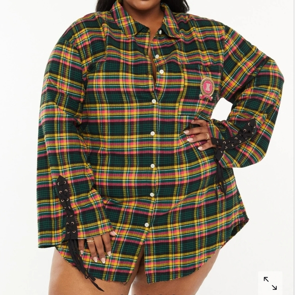Savage x Fenty Tartan Button Up Sleep Shirt - Picture 2 of 11